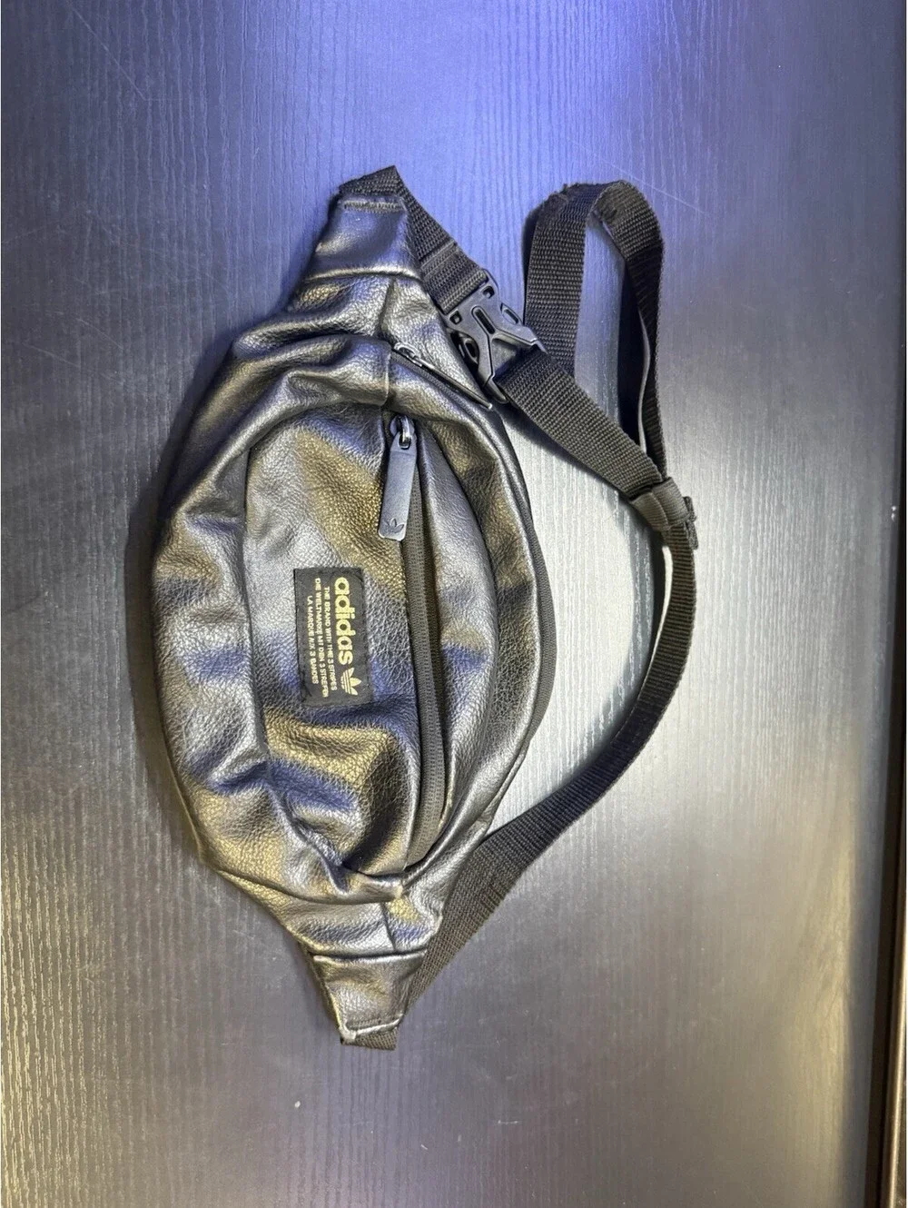 Vintage Adidas Faux Leather Black Fanny Pack Waist Bag Model 9028 Trefoil